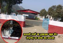 Audacity of mischievous elements School gate broken door hung on tree